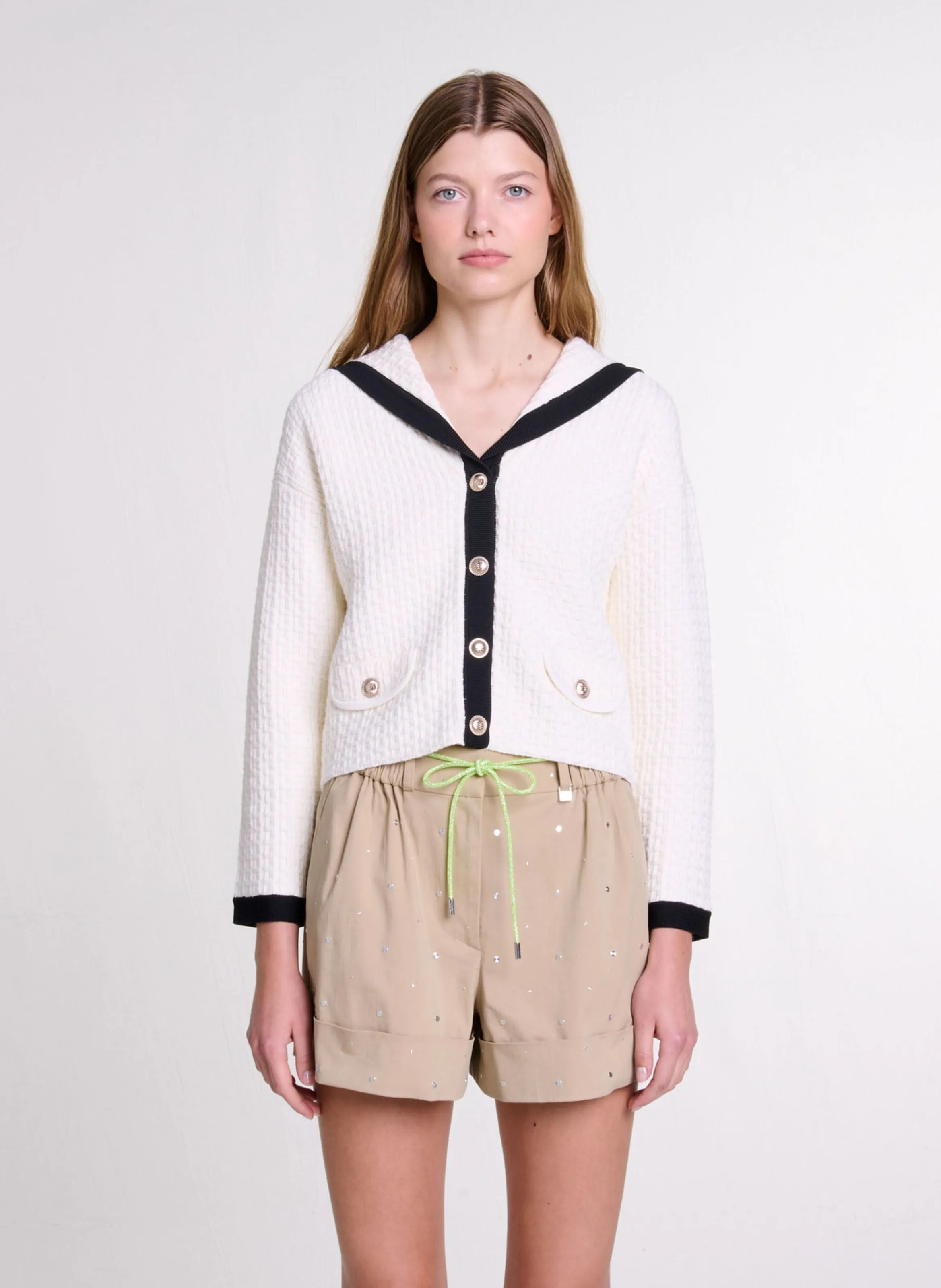  MAJE   Cardigan corto a collo a barca in cotone testurizzato | Bianco