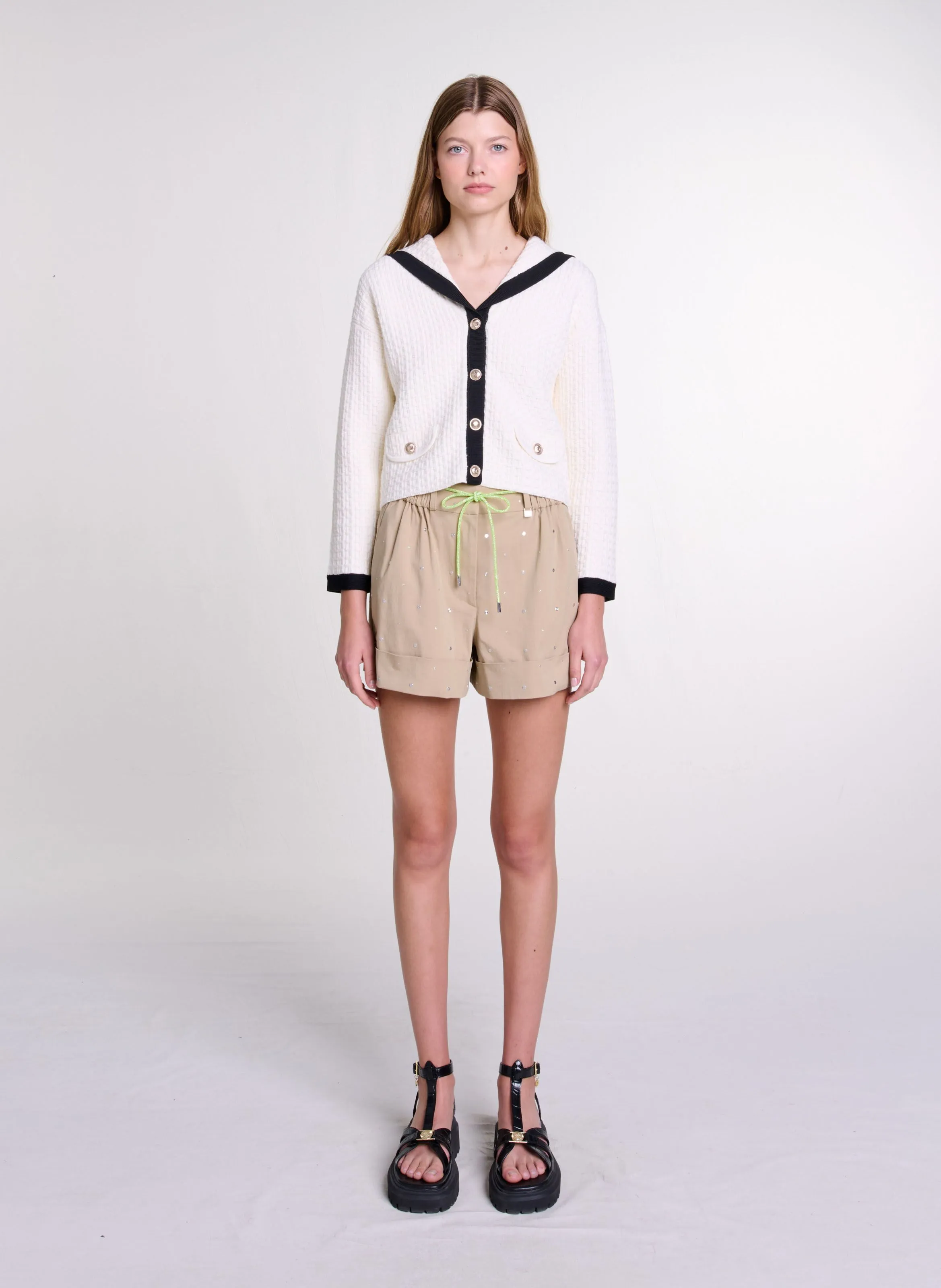  MAJE   Cardigan corto a collo a barca in cotone testurizzato | Bianco