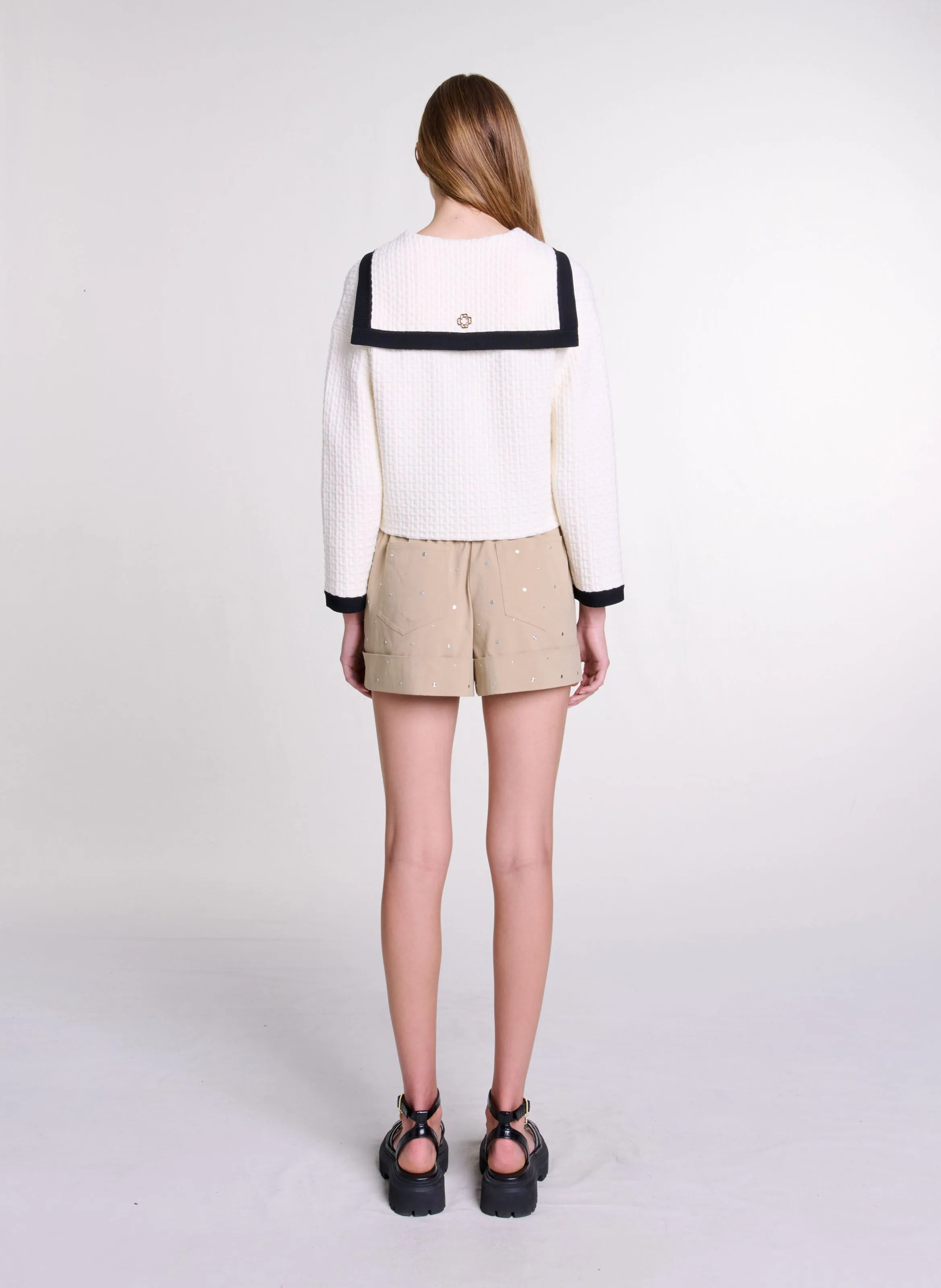  MAJE   Cardigan corto a collo a barca in cotone testurizzato | Bianco